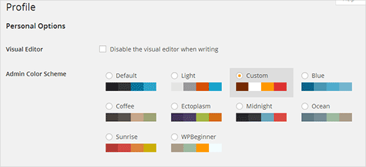 dashboard profile color schemes wordpress