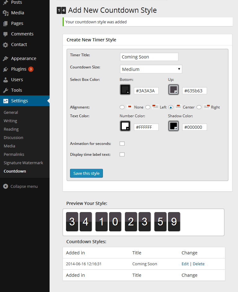 WordPress countdown timer settings