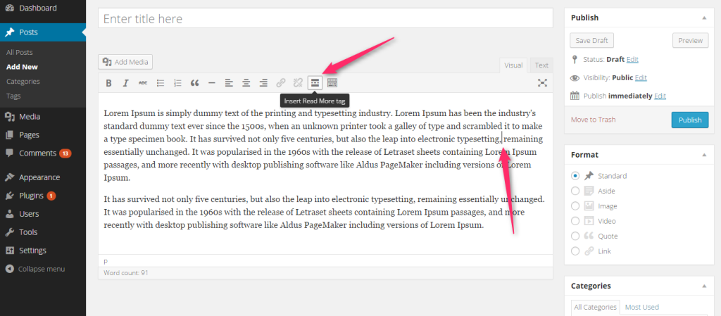 insert read more tag to limit post excerpt length
