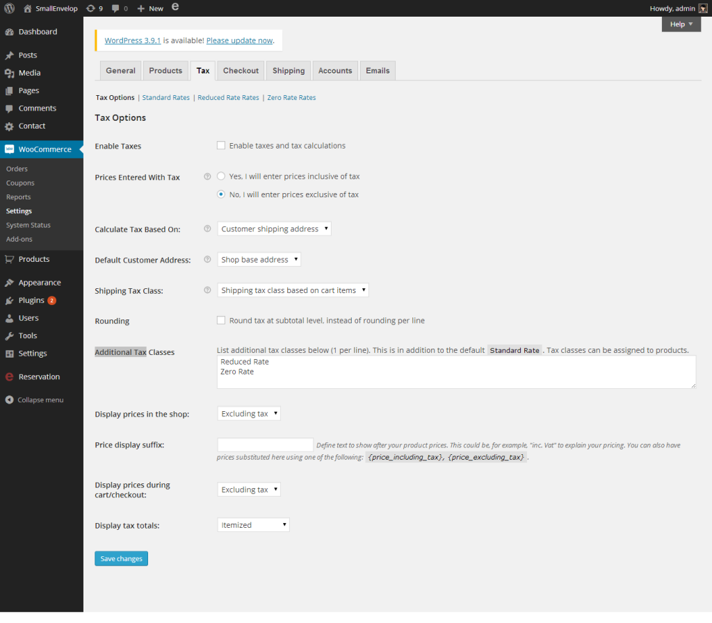 online shop with woocommerce tax setting