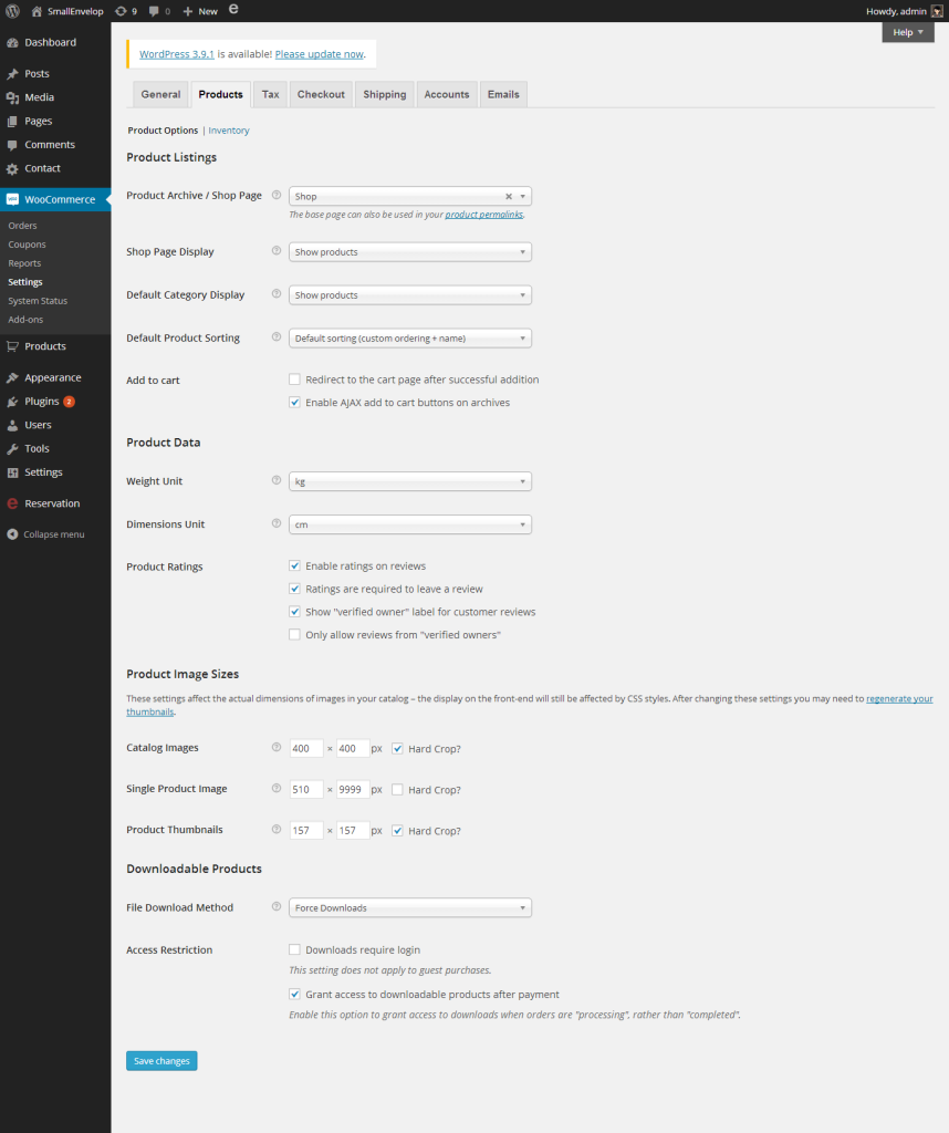 online shop with woocommerce - products settings smallenvelop