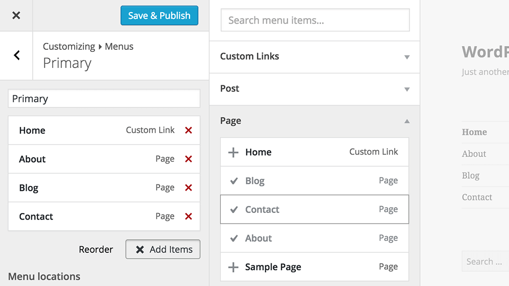 menu in customizer in wordpress 4.3