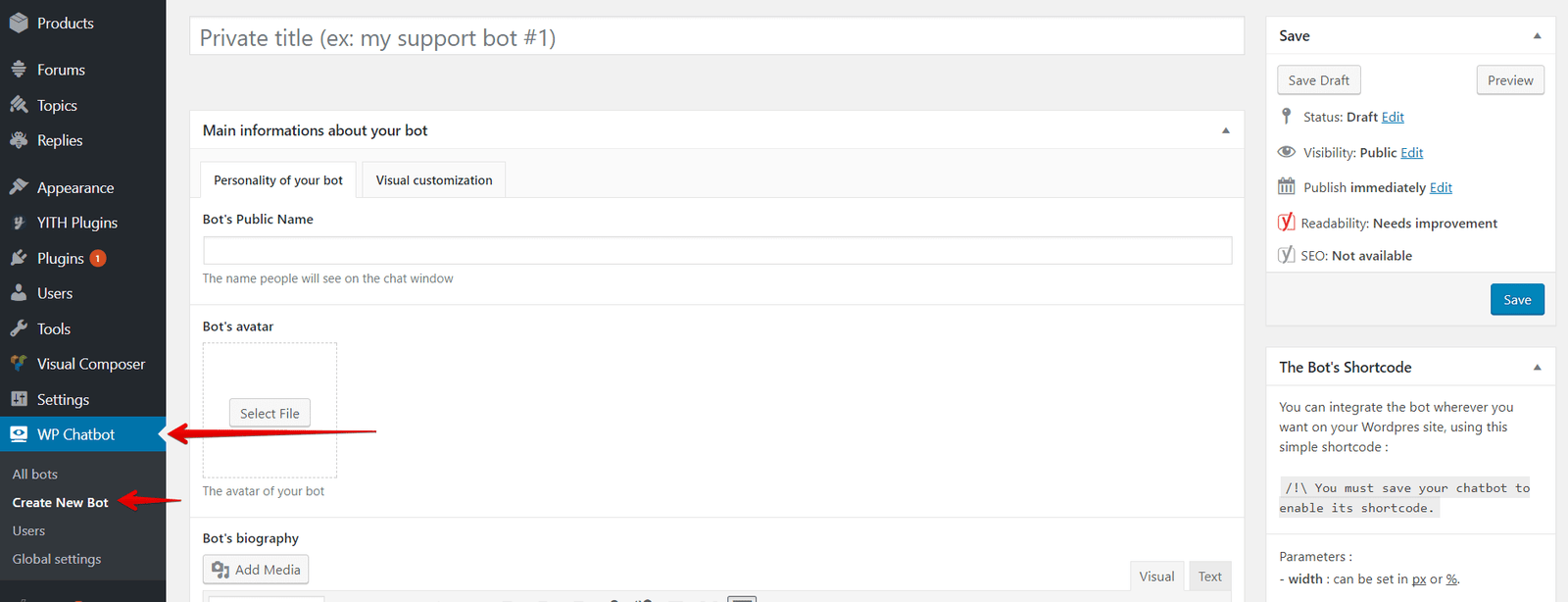 create a new chatbot - WP chatbot plugin