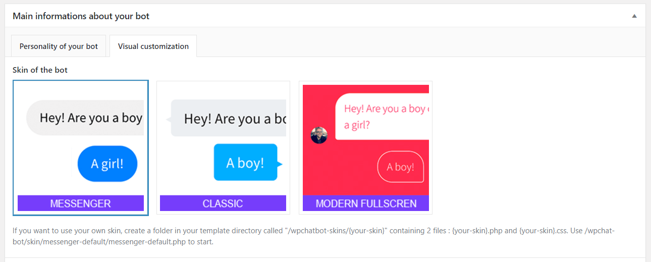 skin customization WP chatbot plugin